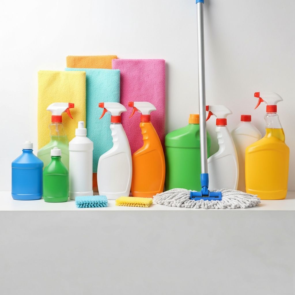 Professional cleaning supplies and eco-friendly products neatly arranged